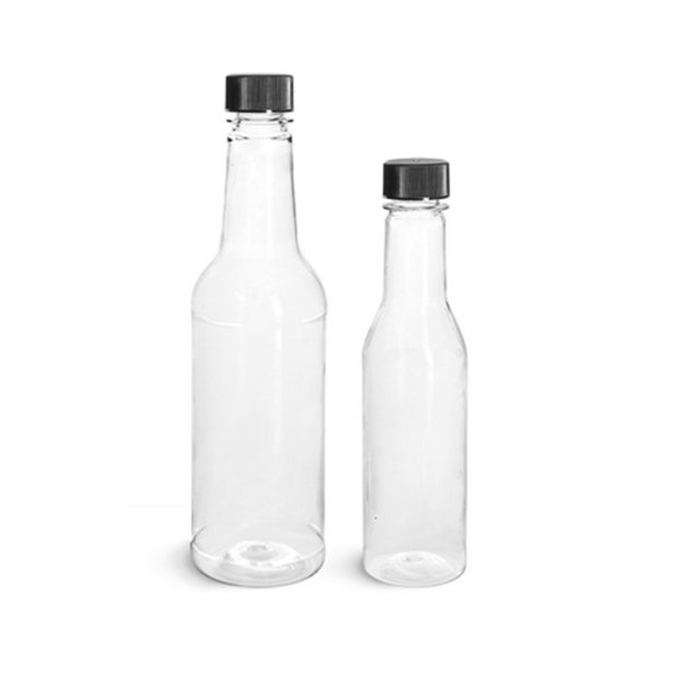 Clear PET Oblong Sauce Bottles w/ Black PS22 Lined Snap-Top Caps