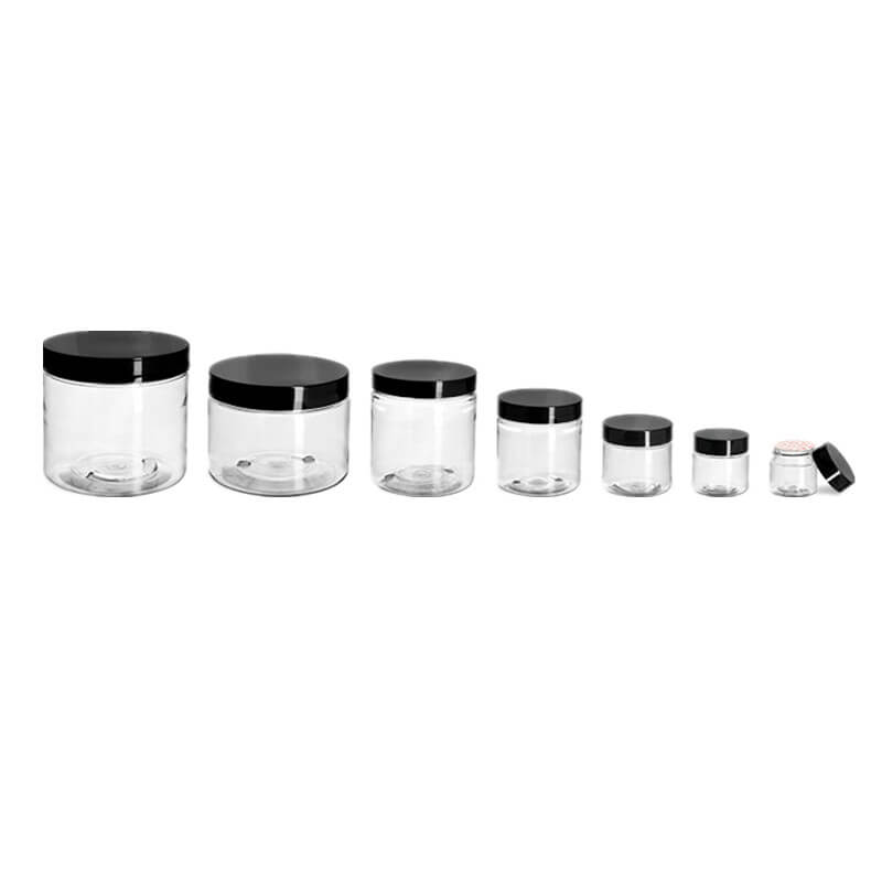 8 oz Clear PET Straight Sided Jars w/ Black Smooth Plastic Lined Caps